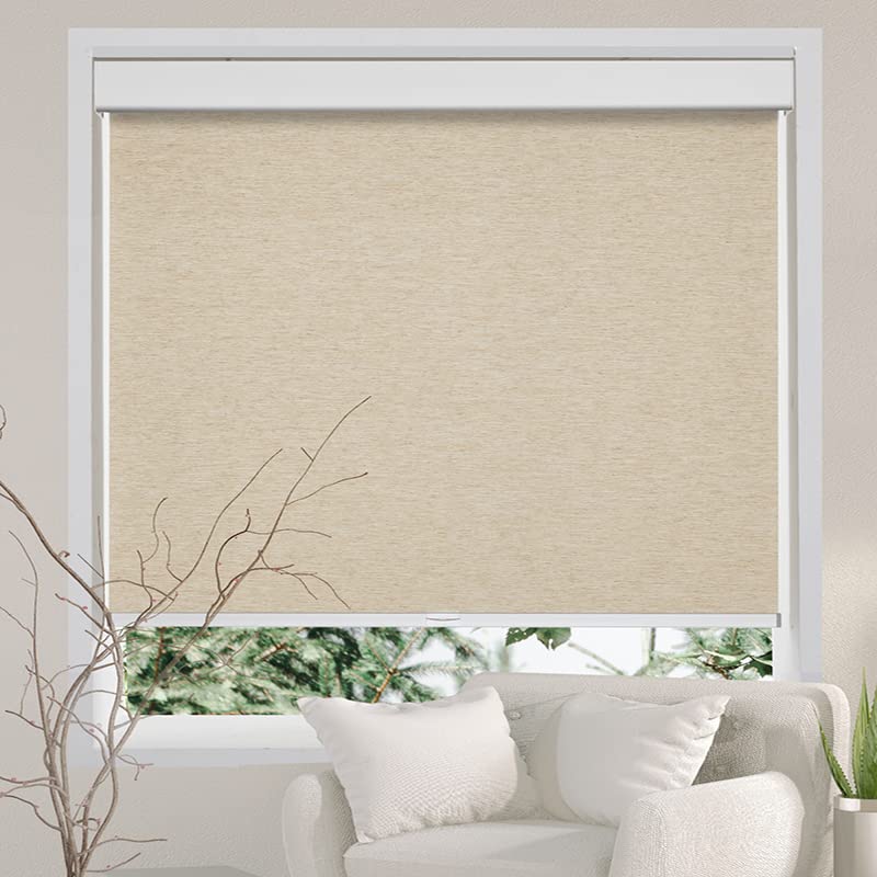 Persilux Free-Stop Cordless Roller Blinds for Windows Roller Shades Light Filtering Shades (Khaki 26 x 72) Natural Woven Fabric UV Protection Thermal Insulation Roller Window Shades for Home Doors
